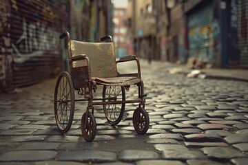 Fototapeta premium Abandoned Wheelchair on a Cobblestone Street. Empty Wheelchair in an Urban Alleyway