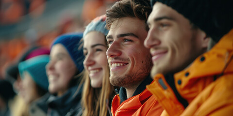 Obraz premium A group of friends in warm clothing cheering at a sports event, enjoying the lively atmosphere and camaraderie in the stadium.