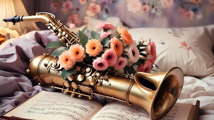 Naklejka premium Saxophone decorated with flowers, against the background of a music book, bed colors, watercolor, vintage, beautiful and pleasant lighting