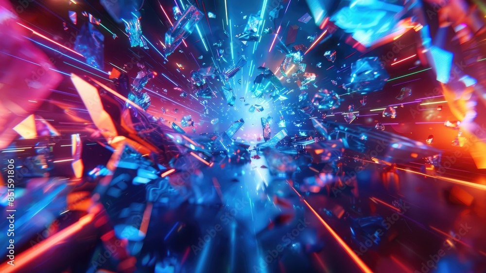 Aufkleber abstract explosion of colorful particles with glowing shards and light streaks. digital artwork and 