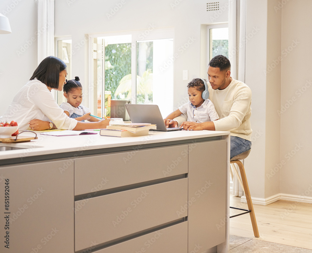 Sticker Parents, children and laptop in kitchen with books for education, online learning or development. Technology, young kids and father man with woman for teaching, support or knowledge in family home