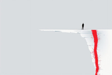 Minimalist illustration of man standing on the edge of an abyss, white background with red accent colour - Risky Business Venture, risking it all for success.