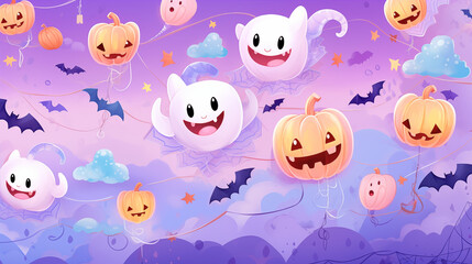 Floating Pumpkins and Ghosts in Halloween Sky
