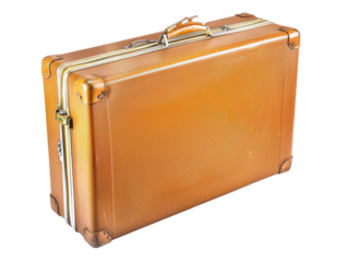 A tan suitcase with a gold handle sits on a white background