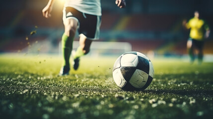 generated illustration of  close up of legs and feet of footballer on green grass