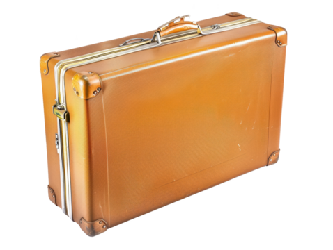 A tan suitcase with a gold handle sits on a white background