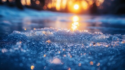Crisp sunset over an icy landscape with light playing on frozen textures and snow