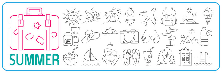 Obraz premium Thin line icons big set of summer, vacation and beach. Summer travel vector illustration
