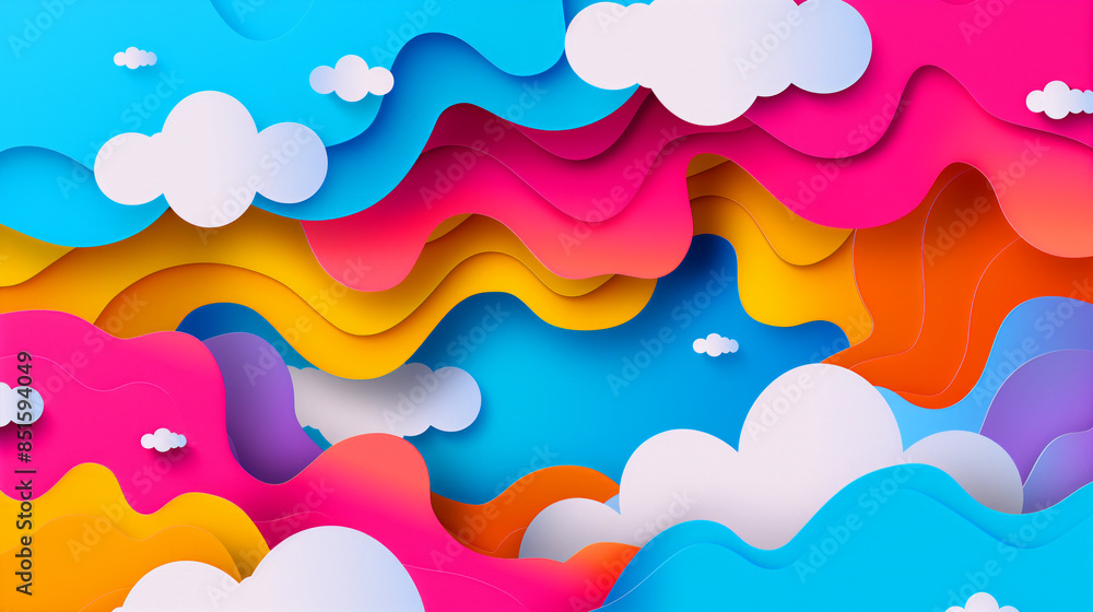 Poster A colorful paper cutout of a sky with clouds and a rainbow. The sky is filled with different colors and the clouds are scattered throughout the sky
