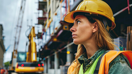 A woman wearing a yellow hard hat and orange vest standing in front of a construction site