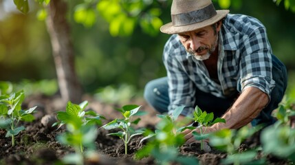 A farmer in a hat tends to young sprouts in fertile soil, demonstrating agriculture and growth