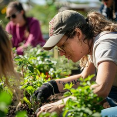 Focused woman gardening in community garden under sunny sky, wearing gloves and cap, surrounded by greenery.