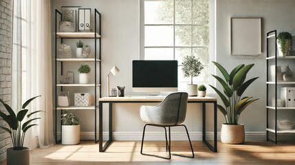 A clean, modern workspace with natural light, stylish furniture, and simple decor.