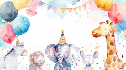 Colorful and whimsical birthday party invite featuring charming watercolor zoo animals on a lively backdrop.