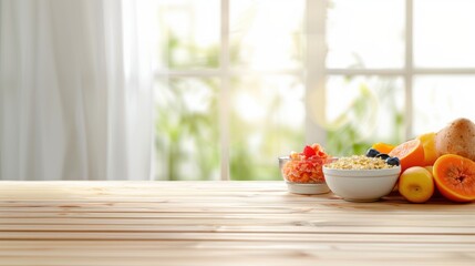 A breakfast table with fresh fruit and cereal in the background is blurred white curtains