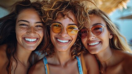 Fototapeta premium Three joyful curly-haired women in sunglasses huddled together, sharing a warm, sunny moment
