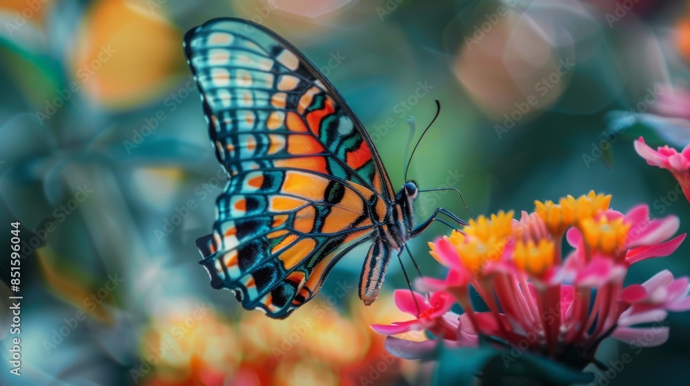 Poster a colorful butterfly perched on a vibrant flower, with its wings spread open, displaying intricate p