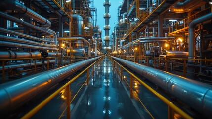 This detailed photo captures an industrial plant at twilight with glowing lights and a blue hue, highlighting the complexity of the facility