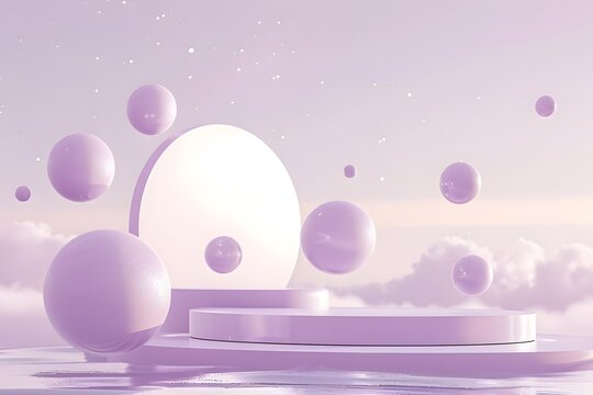 A purple podium with spheres floating around it, creating an atmosphere of lightness and minimalism. The background is purple in color, creating a soft tone that complements the stage design. 