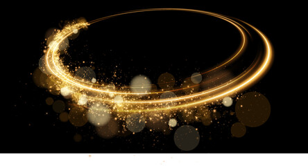 Sparks of dust and golden stars shine with special light. Trace of speed lines. Vector sparks on transparent dark background. Christmas light effect. Sparkling particles of magic dust.	
