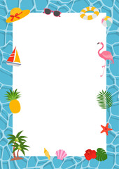 夏をイメージした青色の水面の縦向きフレームイラスト
