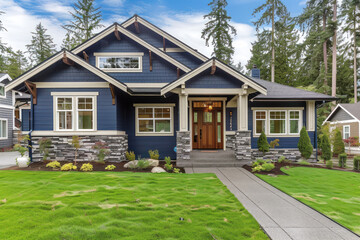 Navy blue craftsman cottage home with stone accents, front yard landscaping, and green grass