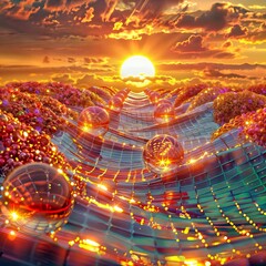 Vivid Sunset Spheres and Wavy Landscape in Digital Art Masterpiece