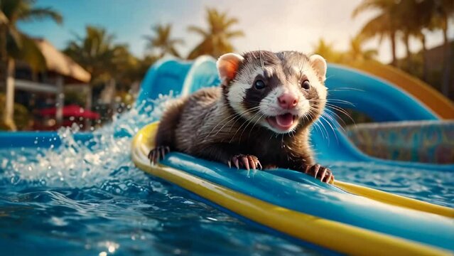 Cute ferret animal on a water slide in summer

