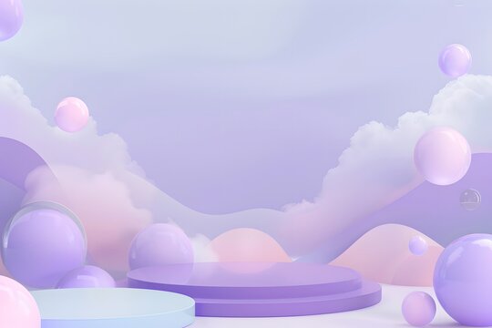 A purple podium with spheres floating around it, creating an atmosphere of lightness and minimalism. The background is purple in color, creating a soft tone that complements the stage design. 