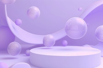 Obraz premium A purple podium with spheres floating around it, creating an atmosphere of lightness and minimalism. The background is purple in color, creating a soft tone that complements the stage design. 