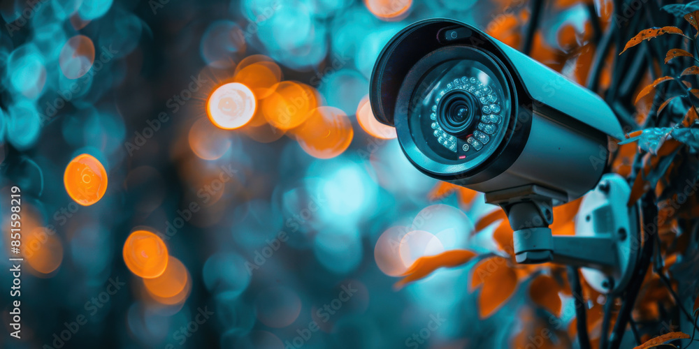 Poster close-up of a security camera with vibrant bokeh background, highlighting surveillance technology an