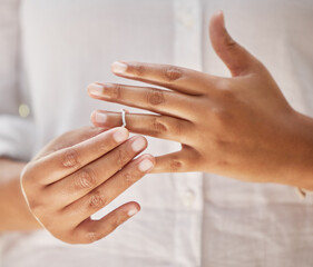 Hands, removing and wedding ring in divorce, ending or decision with spouse for conflict or...