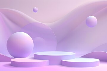 A purple podium with spheres floating around it, creating an atmosphere of lightness and minimalism. The background is purple in color, creating a soft tone that complements the stage design. 