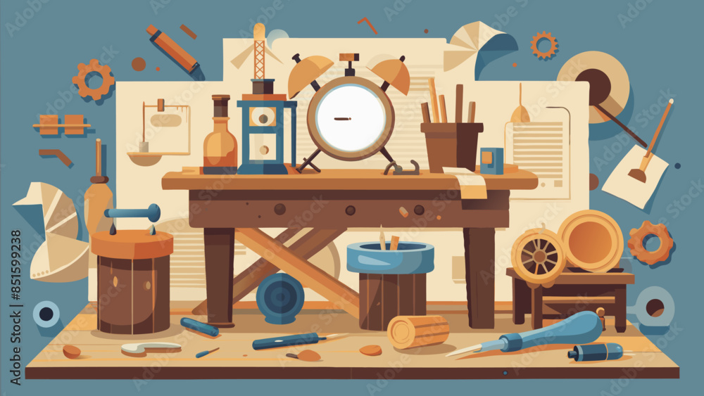Poster a cluttered workbench with a clock and a variety of tools. concept of creativity and productivity, a
