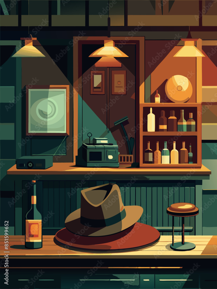 Poster a bar with a hat on a table and bottles on shelves. scene is cozy and inviting