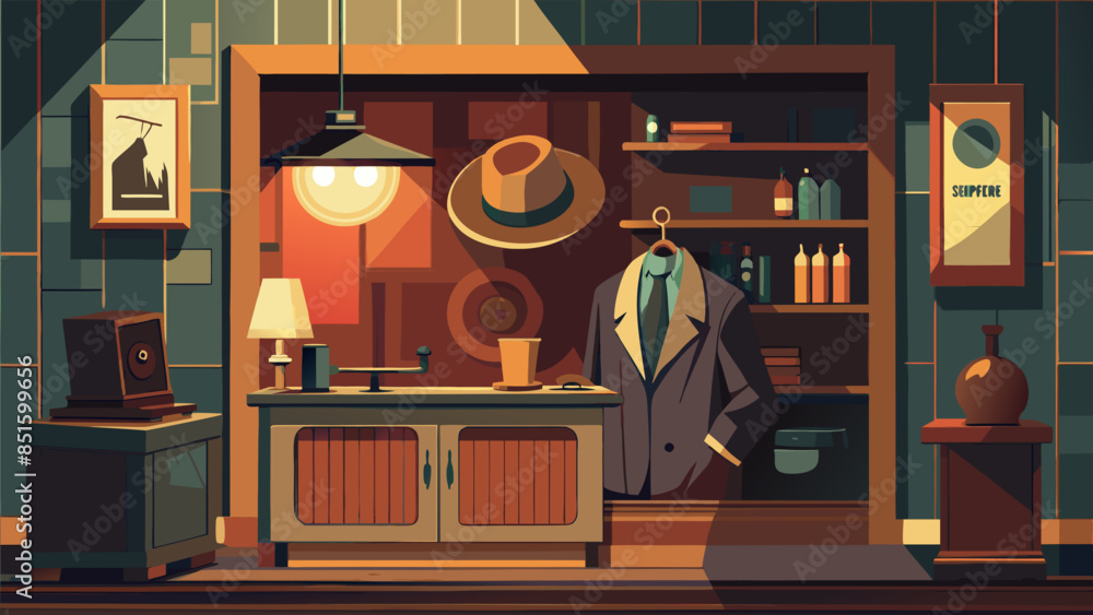 Poster a man in a suit is standing in front of a counter with a hat on display. the room is dimly lit and h