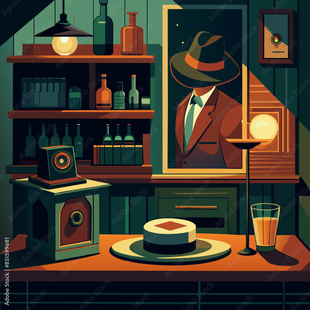 Poster a man in a hat is standing in front of a bar. the bar has a vintage feel to it, with a clock on the 