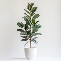 Tall rubber tree in a white minimalist pot isolated on a solid white background
