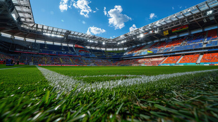 Wide-angle view of an empty football stadium with green grass and bright sunlight, showcasing the field and stands.