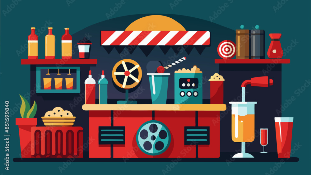 Poster A cartoonish image of a movie theater with a counter full of drinks and snacks. The counter is surrounded by shelves and a large screen