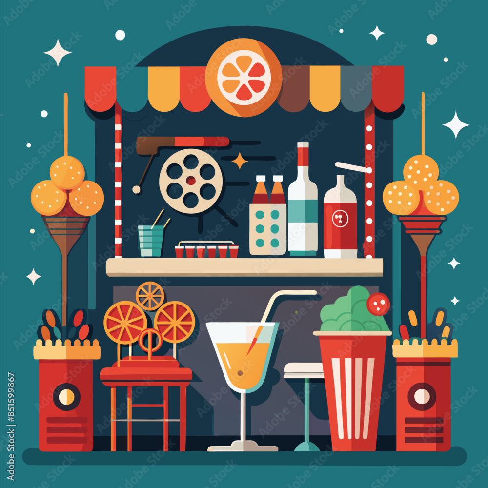 Poster a cartoonish image of a bar with a drink on a table and a sign that says 