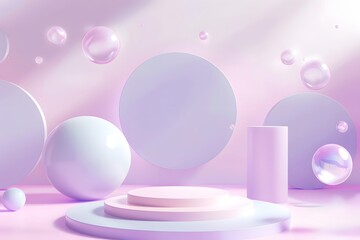 Obraz premium A purple podium with spheres floating around it, creating an atmosphere of lightness and minimalism. The background is purple in color, creating a soft tone that complements the stage design. 