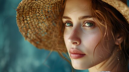 Beautiful young woman in stylish yellow dress and straw hat outdoors.