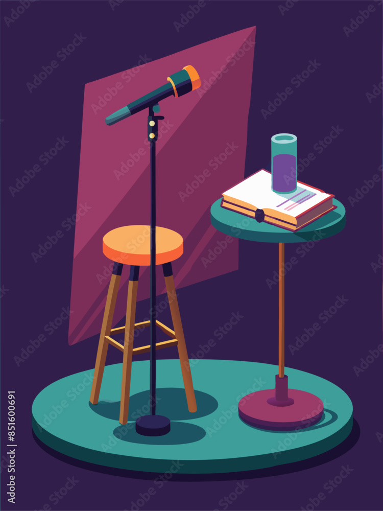 Poster a microphone is on a stand next to a book and a glass. the scene is set up for a performance or a re