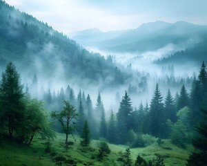Mystical Misty Mountain Landscape with Forested Slopes and Natural Serenity