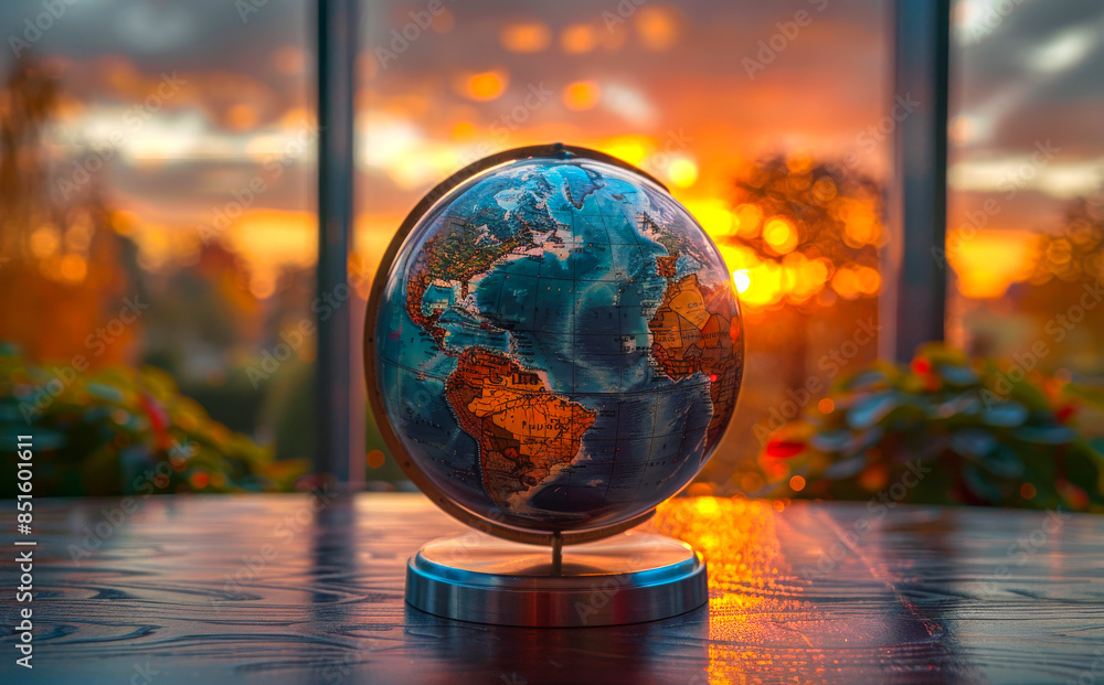 Poster globe of the world on the background of the window and the setting sun