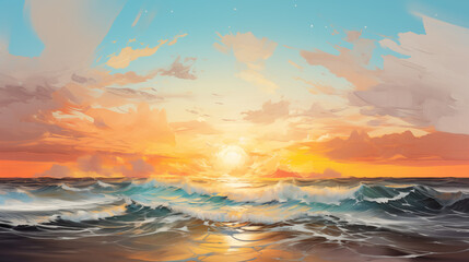 Obraz premium Beautiful and peaceful sunset at sea painting. Golden hour.