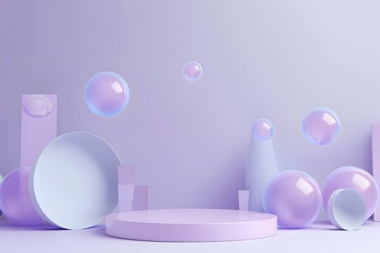 A purple podium with spheres floating around it, creating an atmosphere of lightness and minimalism. The background is purple in color, creating a soft tone that complements the stage design. 