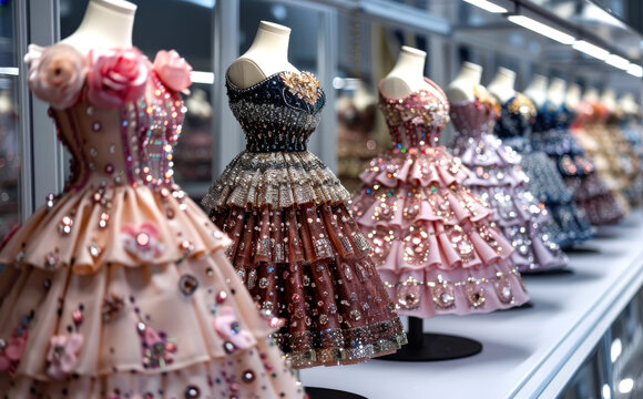 Beautiful dresses on mannequins in fashion store