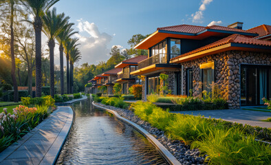 Fototapeta premium Modern houses and palm trees in the luxury hotel condominiums house in tropical resort